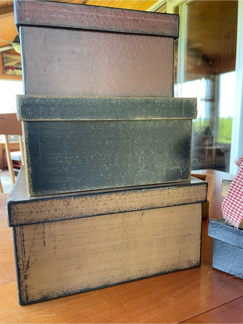 Primitive Stacking & Nesting Decorative Storage Boxes Burgundy Black Tan